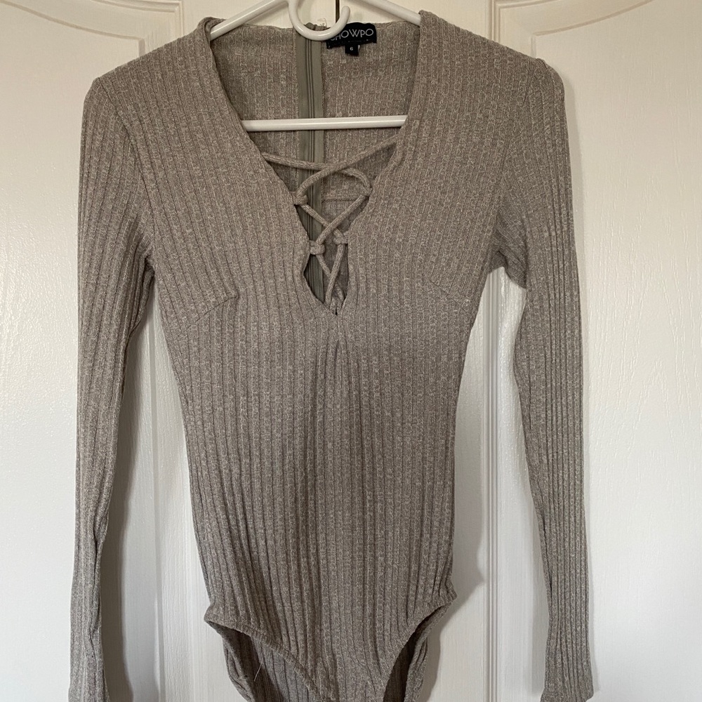 Showpo Laced Away Bodysuit - Grey/Oatmeal